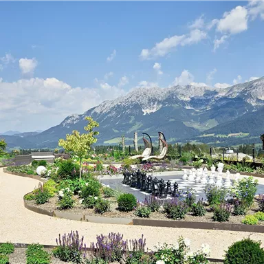 A beautiful garden landscape with a checkerboard arrangement and a view of the mountains. The sky is clear, and the surroundings are green and inviting.