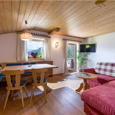 A cozy living space with a wooden ceiling and clear colors. There is a seating area, a dining table, and a large window front with a view of the outside.