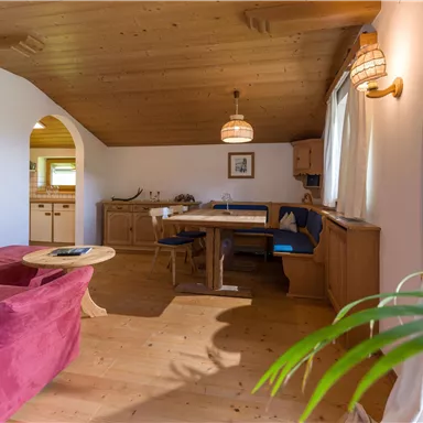 A cozy living space with a wooden ceiling and bright walls. There is a dining area, a seating area, and some plants.