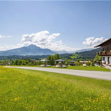 Eine malerische Landschaft mit grünen Wiesen und einem Berg im Hintergrund. Im Vordergrund steht ein charmantes Gebäude mit einem Balkon.