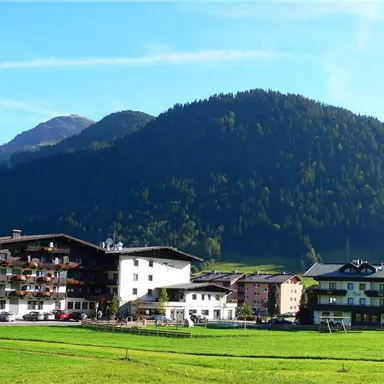 Eine malerische Landschaft mit traditionellen österreichischen Häusern und majestätischen Bergen im Hintergrund. Die grüne Wiese sorgt für eine ruhige und einladende Atmosphäre.
