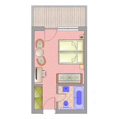 A schematic representation of an apartment. The rooms include a bedroom, living room, and a bathroom.