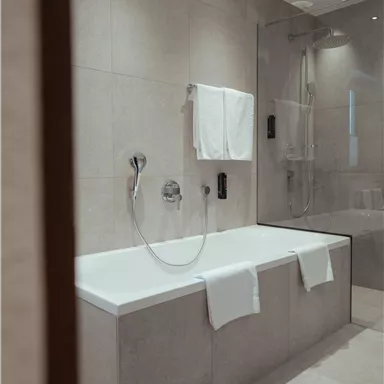 A modern bathroom with a bathtub and a shower. Soft towels are neatly hung.