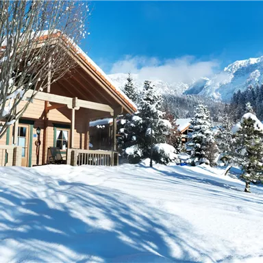 A cozy wooden house in the snow, surrounded by snow-covered trees. In the background, there are snow-capped mountains and a blue sky.