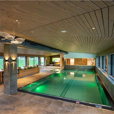 A modern indoor swimming pool with relaxing lighting and large windows. The space features natural materials and a stylish atmosphere.