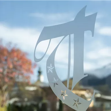 A stylized logo with a curved letter "T" is visible on a window. In the background, trees and the mountain landscape can be seen.