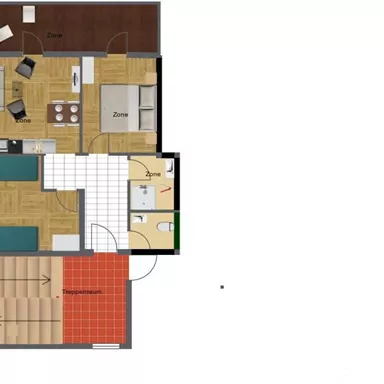 A floor plan of an apartment with several rooms. The plan shows a living room, bedroom, and a staircase in the lower area.