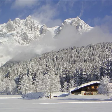 Eine verschneite Winterlandschaft mit hohen Bergen und dicht bewaldeten Berghängen. Im Vordergrund steht ein gemütliches Holzhaus.