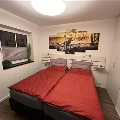 A cozy bedroom with a large bed and red bedcovers. A decorative picture hangs on the wall and a window provides daylight.