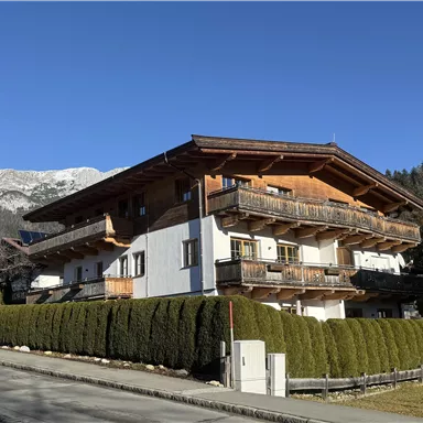 A traditional wooden house with balconies and a green garden. In the background, snow-covered mountains and a clear blue sky can be seen.