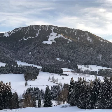 Eine winterliche Landschaft mit schneebedeckten Hügeln und Bäumen. Im Hintergrund ist ein Berg mit Skifahrspuren zu sehen.