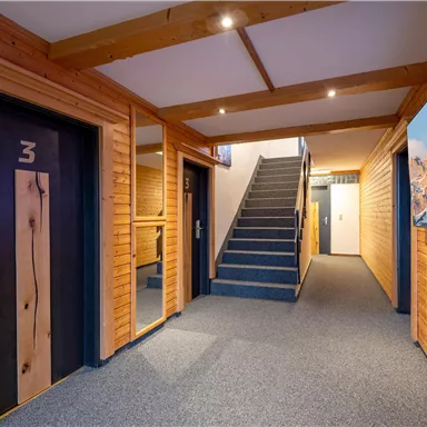 Ein heller Flur mit Holzverkleidung und Teppichboden. Links sind die Aufzugtüren und in der Mitte führt eine Treppe nach oben.