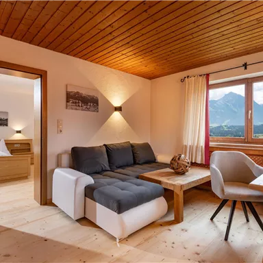 Ein gemütliches Zimmer mit einem modernen Sofa und einem Holztisch. Durch das Fenster sieht man die Berge und viel Tageslicht.