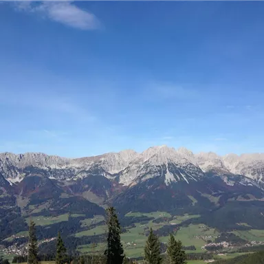 Eine beeindruckende Berglandschaft mit schneebedeckten Gipfeln und grünen Tälern. Der Himmel ist klar und blau.