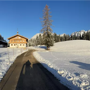 A snowy landscape with a large wooden house and snow-covered mountains in the background. The path leads through the idyllic winter scenery.