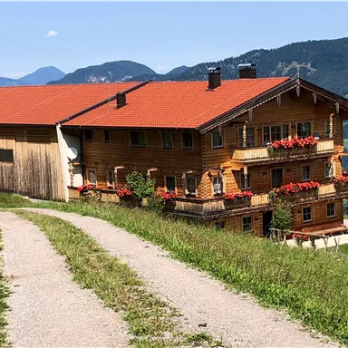 A charming wooden house with a red roof and flower boxes. In the background, green mountains rise under a blue sky.