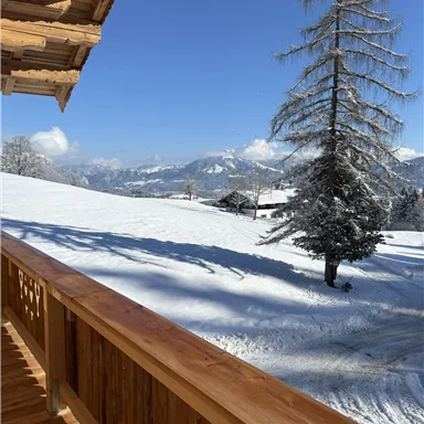 A beautiful winter view with snow-covered fields and a clear blue sky. In the foreground stands a mighty tree and a wooden porch.