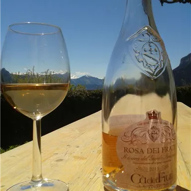 A glass of rosé wine is on a wooden table next to a bottle of Rosa dei Frati. In the background, the mountains are visible under a clear blue sky.