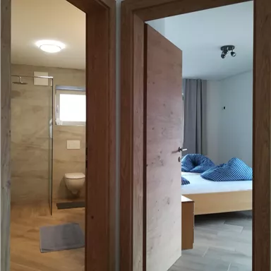 A modernly furnished room with two doors. On the left side is a bathroom with a shower, on the right side a bedroom with a bed and pillows.