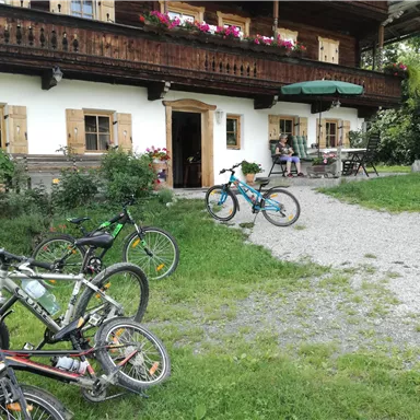 A pretty house with a garden and bicycles. In the background, people and a dog can be seen.