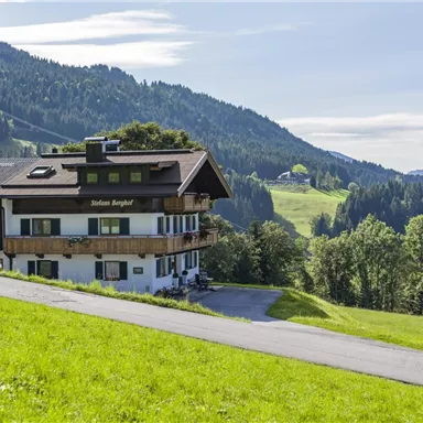 Ein gemütliches Haus in den Bergen, umgeben von grünem Gras und Bäumen. Im Hintergrund erstrecken sich sanfte Hügel und die klare Bergluft lädt zum Entspannen ein.