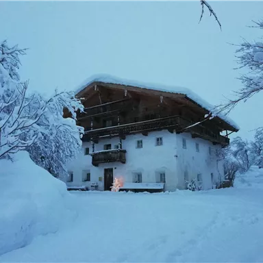 An idyllic wooden house in the snow, surrounded by snow-covered trees. The sky is slightly cloudy, giving the scene a tranquil atmosphere.