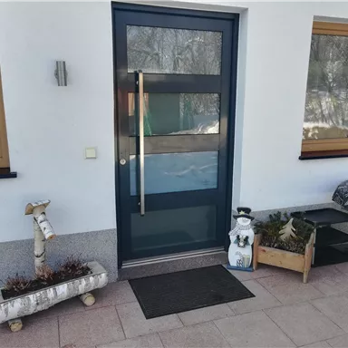 A modern entrance door with large windows and an elegant door inscription. Decorative plant pots and a small table are placed beside the door.