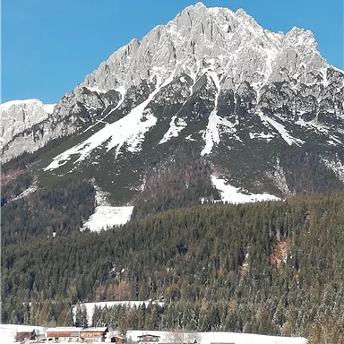 Eine beeindruckende Berglandschaft mit schneebedecktem Gipfel und grünen Wäldern im Vordergrund. Kleine Gebäude sind am Fuße des Berges zu sehen.
