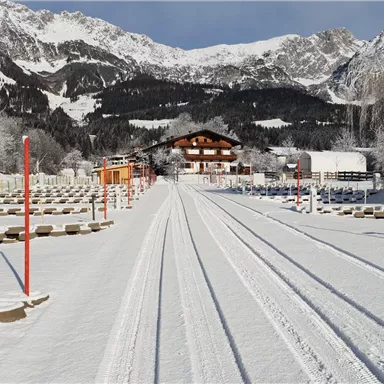 A snowy landscape with tracks leading into the mountains. In the background, a traditional building and trees are visible.