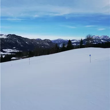 Eine schneebedeckte Landschaft mit Bergen im Hintergrund. Der Himmel ist klar und blau.