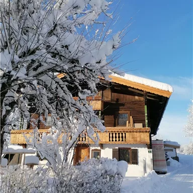 A cozy wooden house in the snow under a clear blue sky. Surrounding the house are snow-covered trees and a snow-covered pathway.