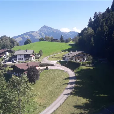 Eine malerische Landschaft mit typischen Alpenhäusern und sanften Hügeln. Im Hintergrund erhebt sich ein majestätischer Berg unter einem klaren Himmel.