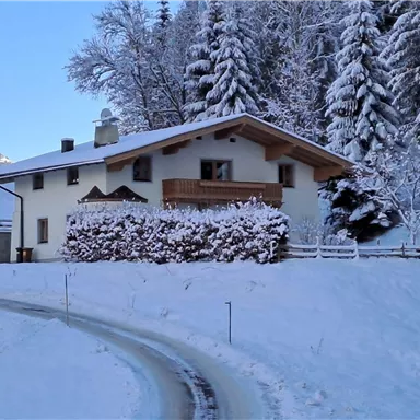 Ein gemütliches Haus im Schnee, umgeben von hohen, schneebedeckten Tannen. Der Weg führt sanft zur Haustür.
