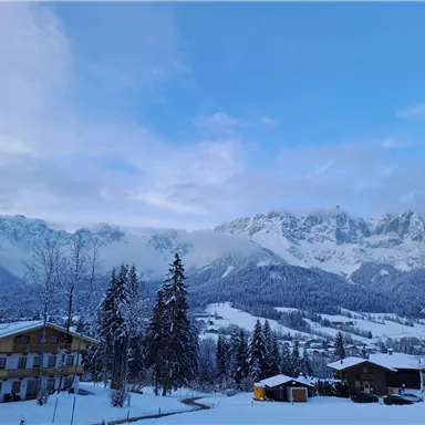 Eine winterliche Landschaft mit schneebedeckten Bergen und vereinzelten Häusern. Der Himmel ist bewölkt und verleiht der Szene eine ruhige Stimmung.