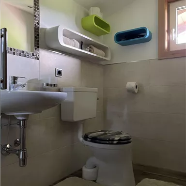 A modern bathroom with a toilet and a sink. On the wall, there are colorful shelves and a window that lets in natural light.