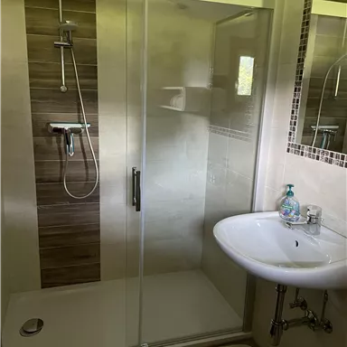 A modern bathroom with a clear shower cubicle and a sink. The walls are light and a wooden paneling adds warmth.