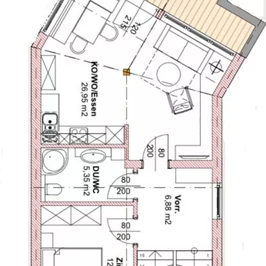 A floor plan of an apartment with different rooms. The area includes a living room, a bathroom, and a balcony.