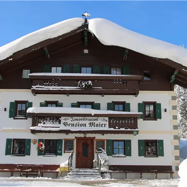 Ein charmantes Alpenhaus mit einem großen, schneebedeckten Dach. Es befindet sich in einer winterlichen Landschaft und hat grüne Fensterläden.