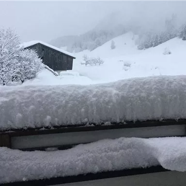 Eine verschneite Landschaft mit einem Holzhäuschen und schneebedeckten Bäumen. Der Himmel ist grau und die Umgebung wirkt ruhig und winterlich.