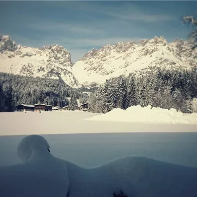 A snowy winter landscape with high mountains in the background. In the foreground lies a calm, snow-covered meadow.