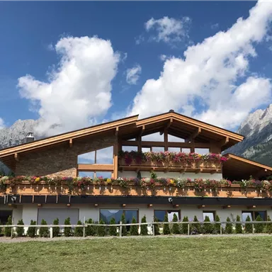 Ein modernes Alpenhaus mit Holzfassade und bunten Blumen. Im Hintergrund sind beeindruckende Berge und ein blauer Himmel sichtbar.