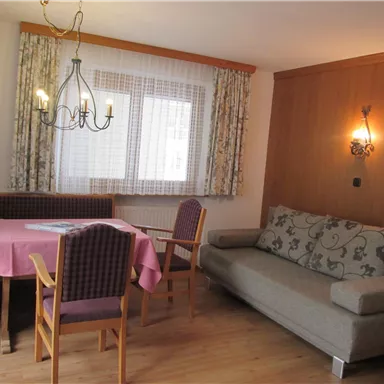 A cozy living space with wooden flooring, a table and chairs, as well as a sofa bed. Plenty of light streams through the window, and the walls are paneled with wood.