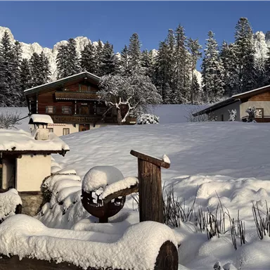 Eine verschneite Landschaft mit mehreren Holzhäusern und hohen, grünen Tannenbäumen. Der Himmel ist klar und blau.