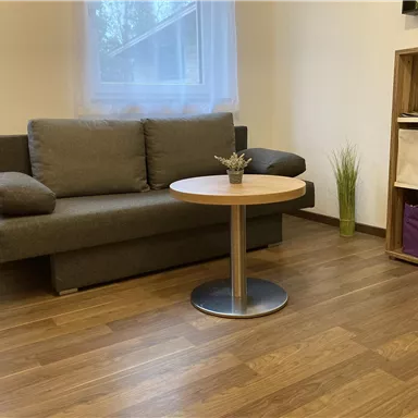 Ein modernes Wohnzimmer mit einem grauen Sofa und einem runden Tisch. Der Boden ist aus Holz und es gibt eine kleine Pflanze auf dem Tisch.