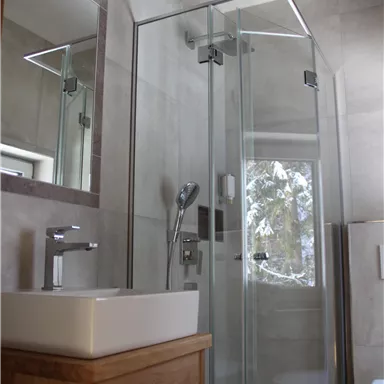 Ein modernes Badezimmer mit einer Glasdusche und einem Waschbecken aus Keramik. Im Hintergrund ist ein Fenster mit Blick auf die Natur zu sehen.