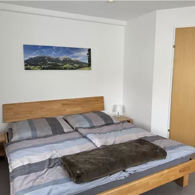 Ein modernes Schlafzimmer mit einem großen Bett und gestreiften Bettwäschen. An der Wand hängt ein Landschaftsbild und die Tür ist aus Holz.