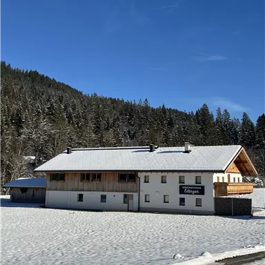 Ein gemütliches Haus im Schnee, umgeben von einem winterlichen Wald. Der klare blaue Himmel sorgt für eine schöne Atmosphäre.
