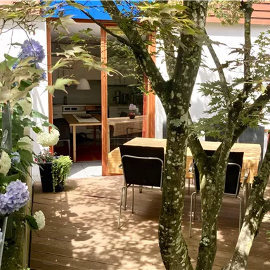 Eine Terrasse mit Blick auf blühende Hortensien und einen Essbereich. Im Hintergrund sind Fenster und ein helles Zimmer sichtbar.