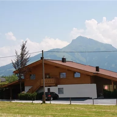 Ein gemütliches Holzhaus mit einem schönen Berg im Hintergrund. Die Umgebung ist grün und die Wolken sind am Himmel sichtbar.