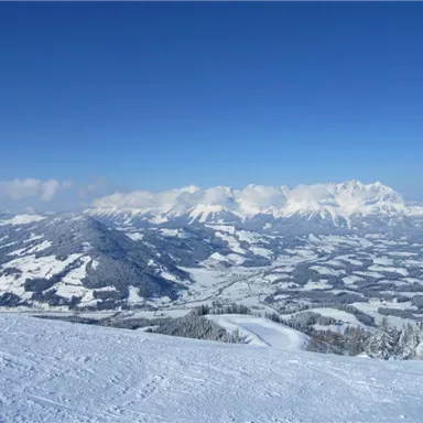 Eine schneebedeckte Berglandschaft unter einem klaren blauen Himmel. In der Ferne sind majestätische Berge und sanfte Hügel zu sehen.